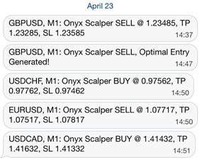Onyx Scalper. The signals are delivered with the next information: Symbol, Time Frame, Direction, Entry Price, Take Profit, and Stop Loss levels.