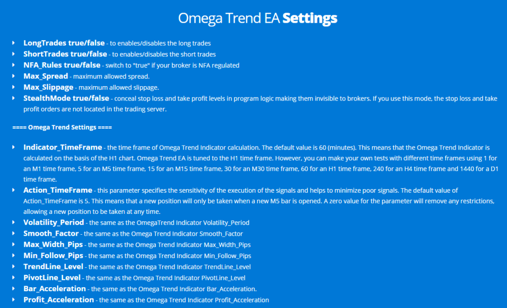 Omega Trend EA - settings list