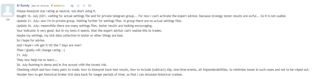 Customer review on MQL 5 marketplace.