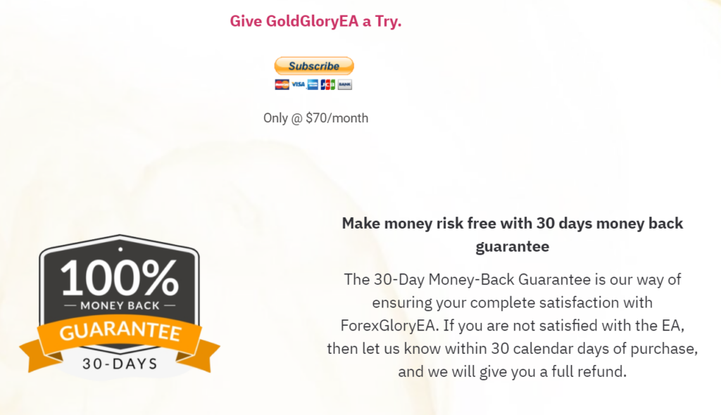 Forex Glory EA pricing