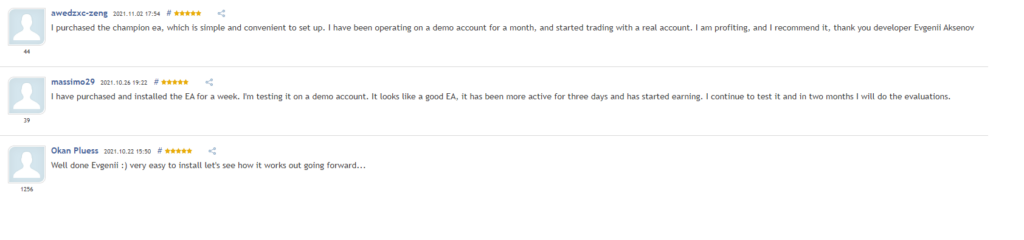 User reviews for Champion EA on MQL5.