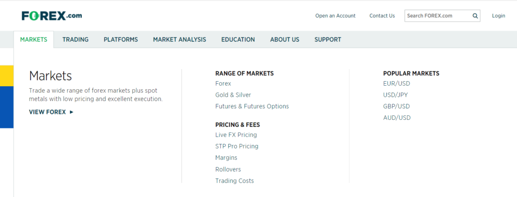 Forex.com  - Available markets