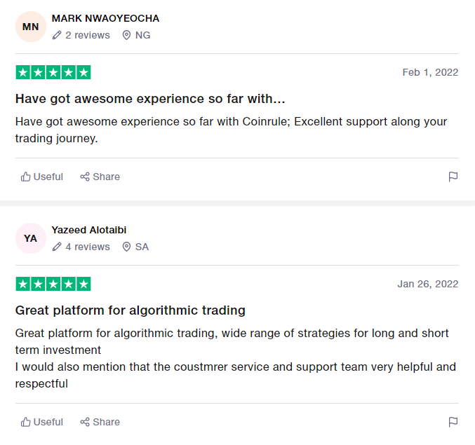 User reviews for Coinrule on Trustpilot.