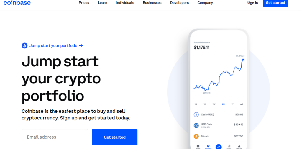 Coinbase start page.
